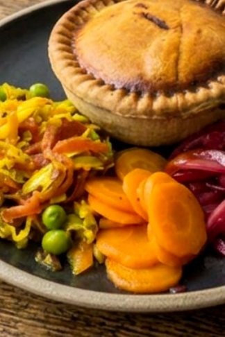 Golden pie with house pickled veg, carrots and peas from the Light & Salt kitchen in Lindal