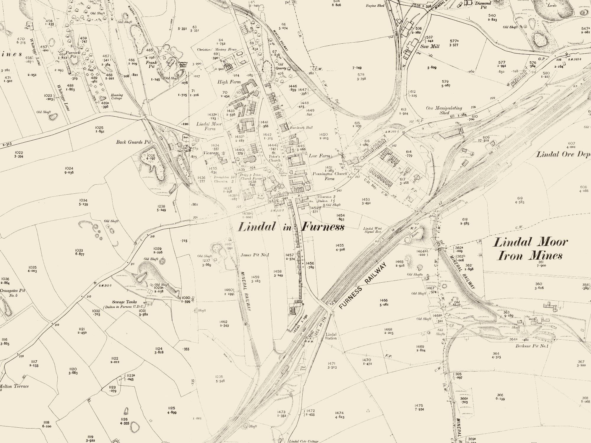 1890s Ordnance Survey map of Lindal-in-Furness showing London Road, St Peter's Church and the Furness Railway, with the Railway Inn marked.