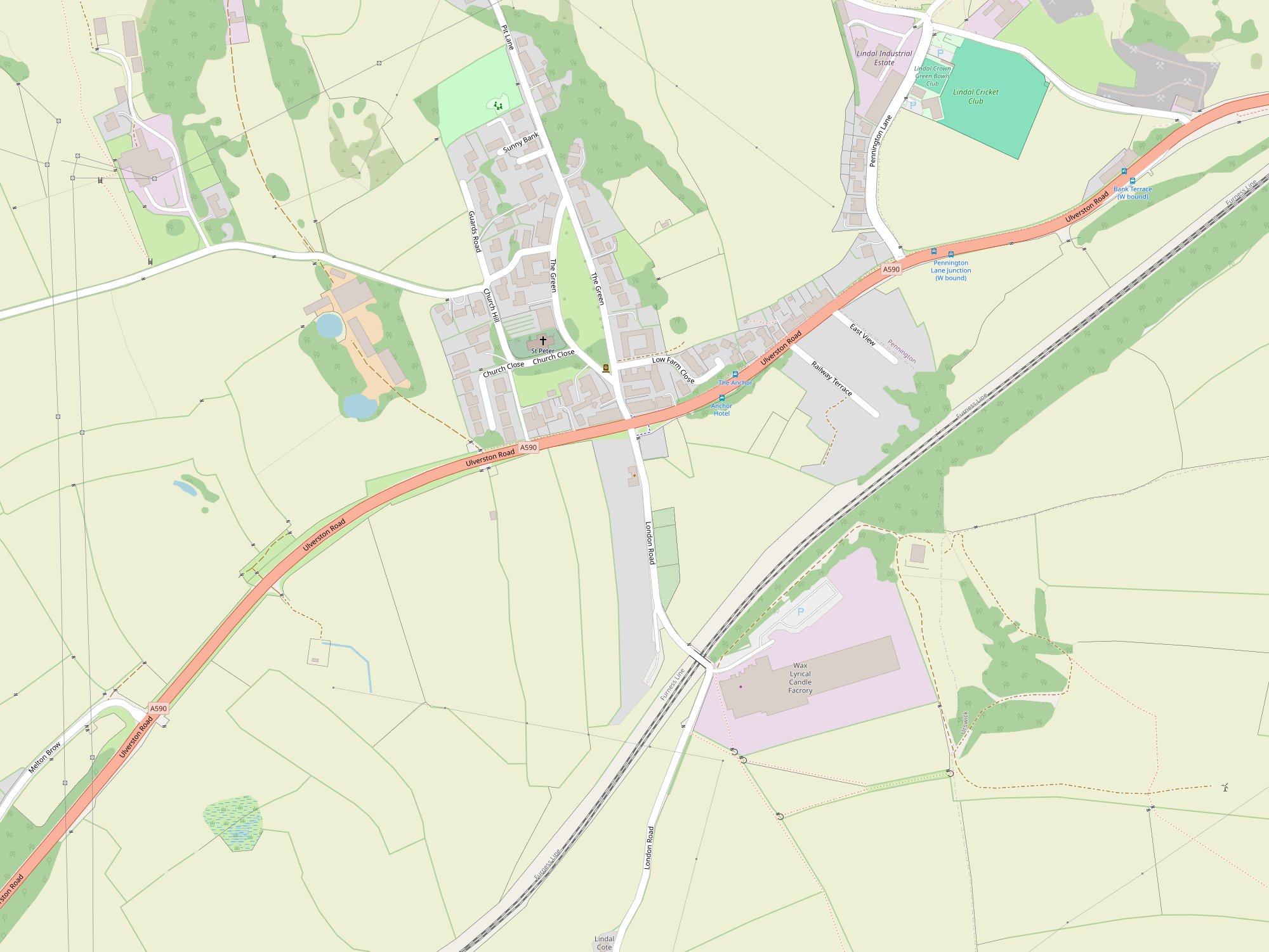Modern street map of Lindal-in-Furness with the Railway Inn on London Road marked.