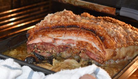 Pork belly with golden crackling, just out of the oven